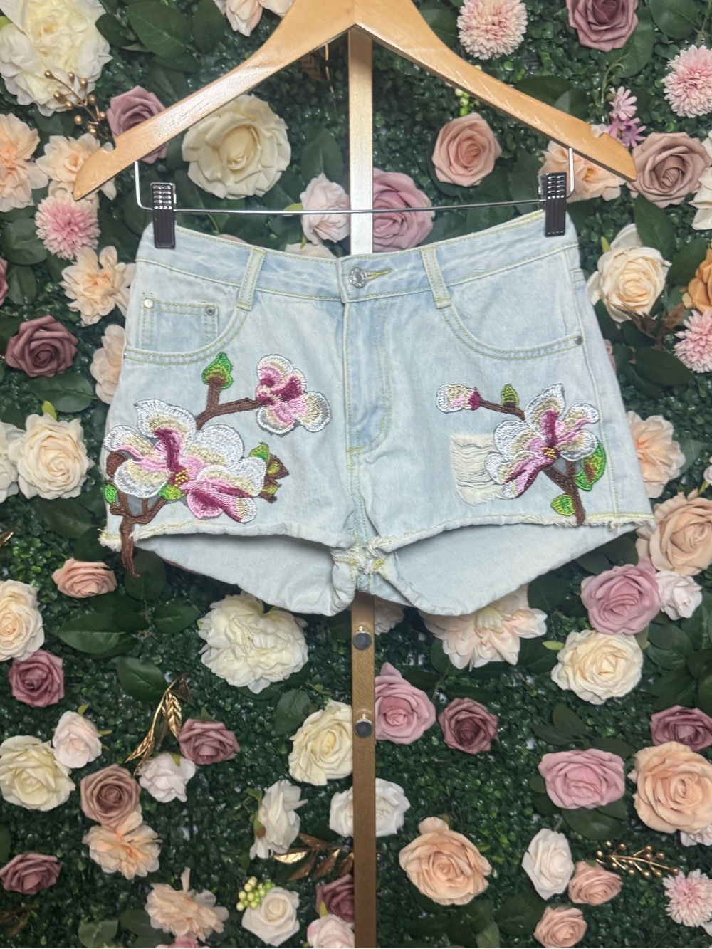 Light Blue Denim Shorts with Pink & Green Floral Appliqué